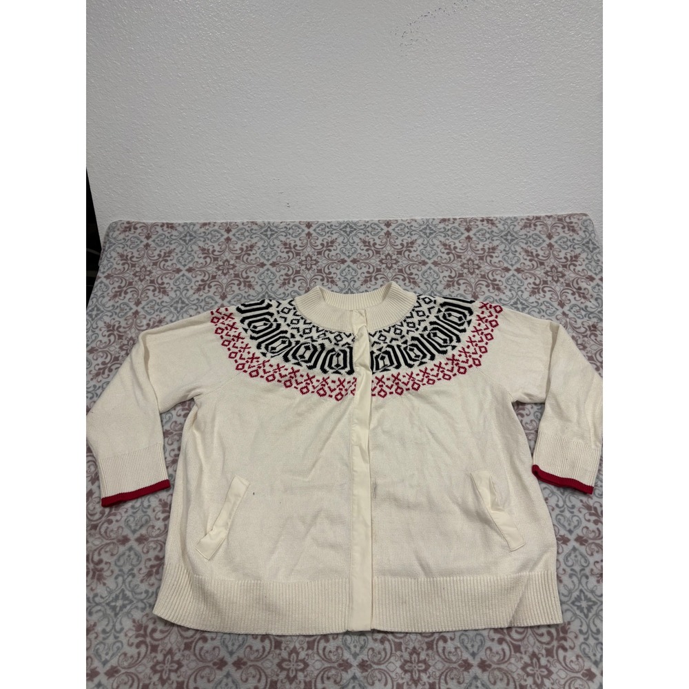 T by Talbots Plus 3X Cream Fair Isle Zip Front Cardigan Sweater Red Black